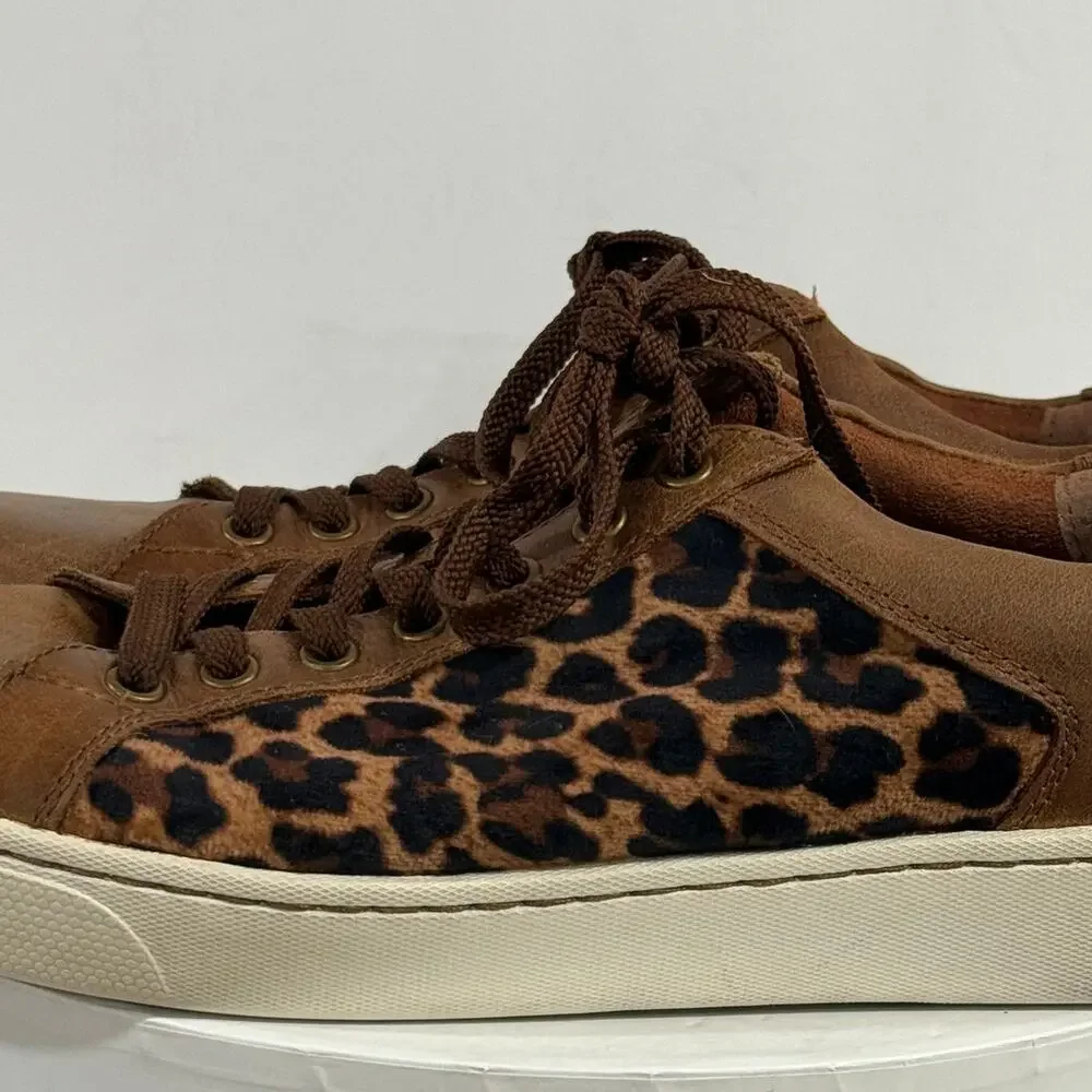 Born Leather Leopard Print Sneakers Brown Low Top Lace Up Women's 9M Animal Shoe